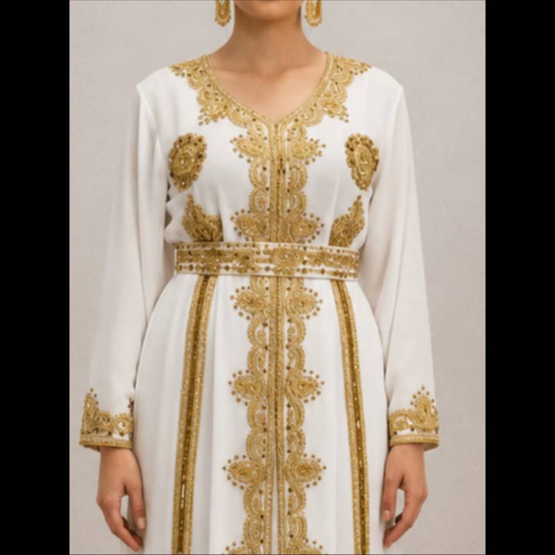 White Gold Embroidered Designer Kaftan Dress