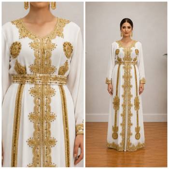 White Gold Embroidered Designer Kaftan Dress 4