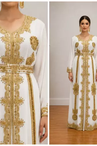 White Gold Embroidered Designer Kaftan Dress