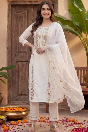 Women Floral Embroidered Regular Thread Work Kurta with Trousers & With Dupatta