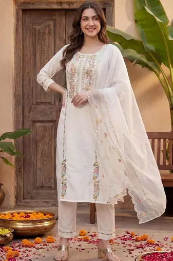 Women Floral Embroidered Regular Thread Work Kurta with Trousers & With Dupatta