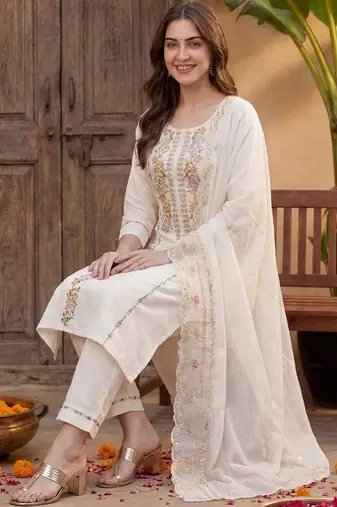 Women Floral Embroidered Regular Thread Work Kurta with Trousers & With Dupatta
