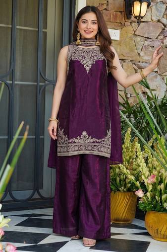 Embroidered Satin Straight Kurta Palazzo and Dupatta Set
