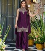 Embroidered Satin Straight Kurta Palazzo and Dupatta Set