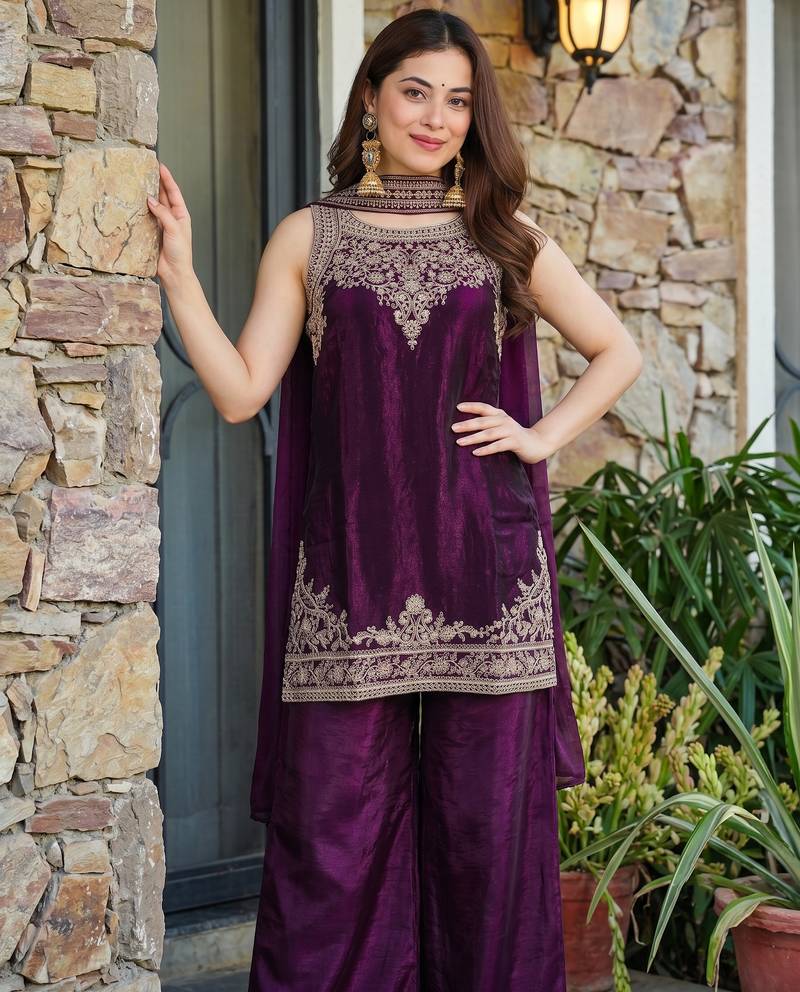 Embroidered Satin Straight Kurta Palazzo and Dupatta Set