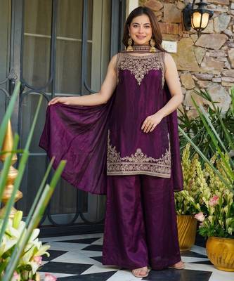 Embroidered Satin Straight Kurta Palazzo and Dupatta Set 5