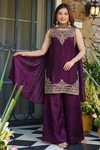 Embroidered Satin Straight Kurta Palazzo and Dupatta Set