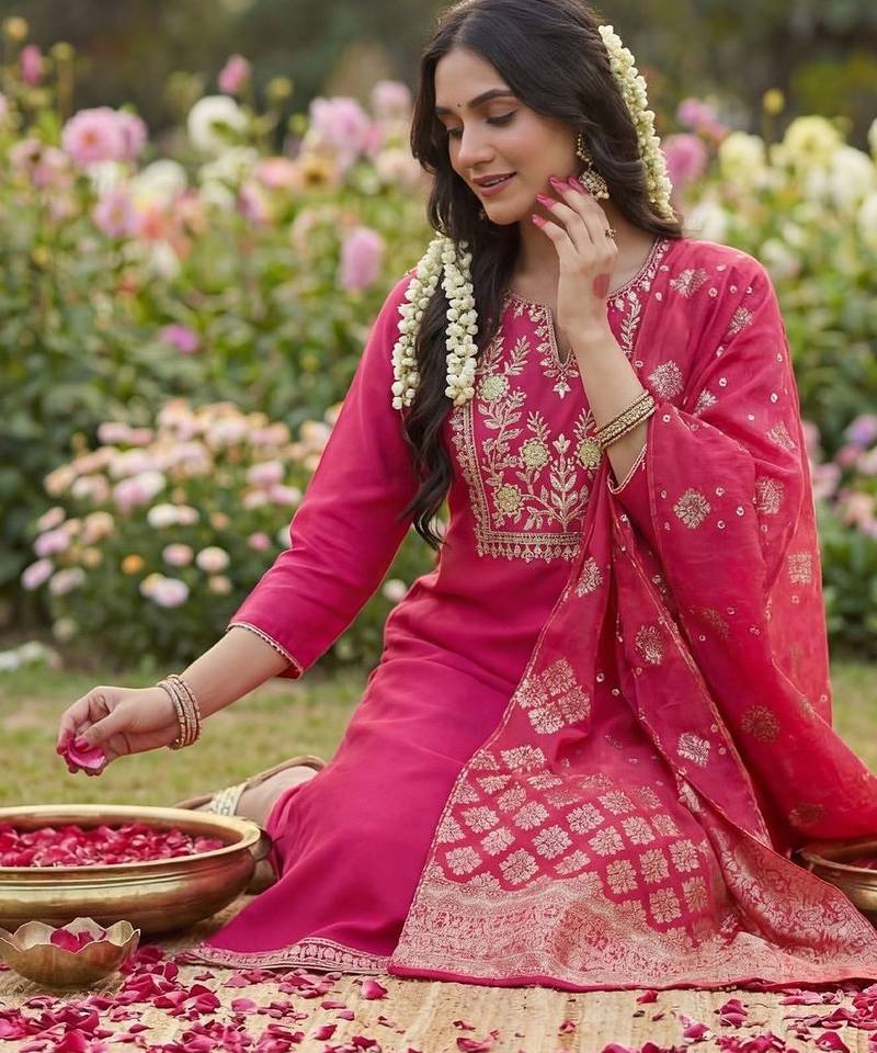 Women Ethnic Motifs Embroidered Regular Kurta with Trousers & With Dupatta