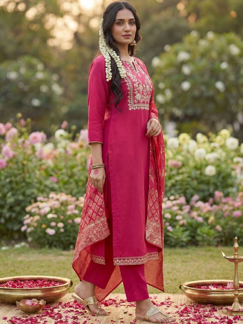 Women Ethnic Motifs Embroidered Regular Kurta with Trousers & With Dupatta