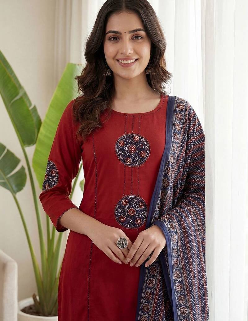 Women Ethnic Motifs Embroidered Regular Beads and Stones Pure Cotton Kurta with Trousers & With