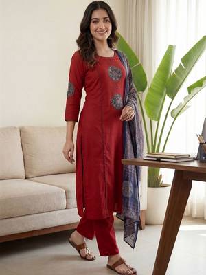 Women Ethnic Motifs Embroidered Regular Beads and Stones Pure Cotton Kurta with Trousers & With 3