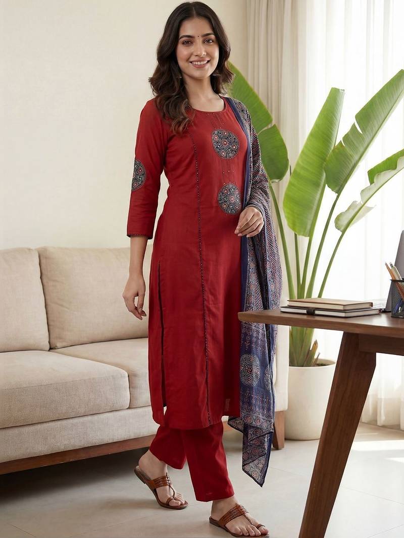 Women Ethnic Motifs Embroidered Regular Beads and Stones Pure Cotton Kurta with Trousers & With