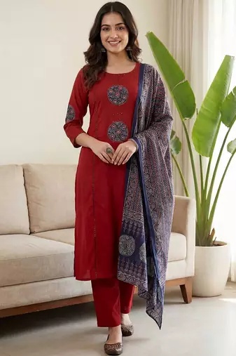 Women Ethnic Motifs Embroidered Regular Beads and Stones Pure Cotton Kurta with Trousers & With