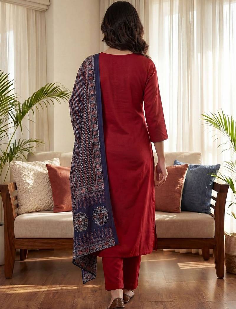 Women Ethnic Motifs Embroidered Regular Beads and Stones Pure Cotton Kurta with Trousers & With