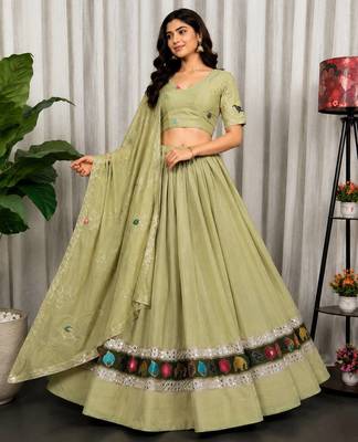 Sage Green Navratri Lehenga Choli with Embroidered Dupatta - Full stitched free size 1