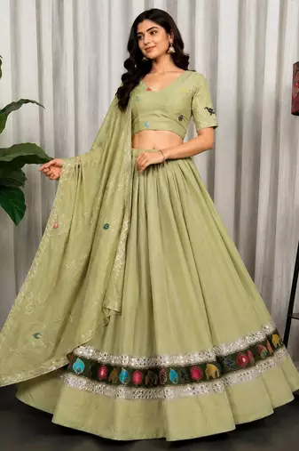 Sage Green Navratri Lehenga Choli with Embroidered Dupatta - Full stitched free size