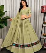 Sage Green Navratri Lehenga Choli with Embroidered Dupatta - Full stitched free size