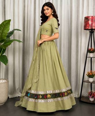 Sage Green Navratri Lehenga Choli with Embroidered Dupatta - Full stitched free size 2