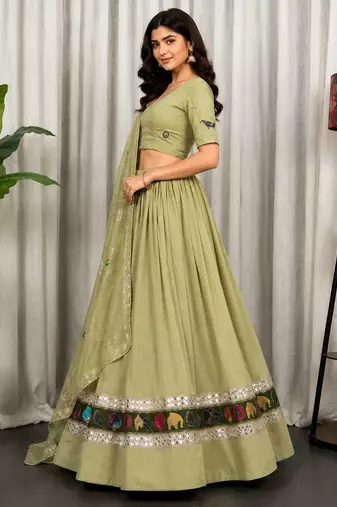 Sage Green Navratri Lehenga Choli with Embroidered Dupatta - Full stitched free size