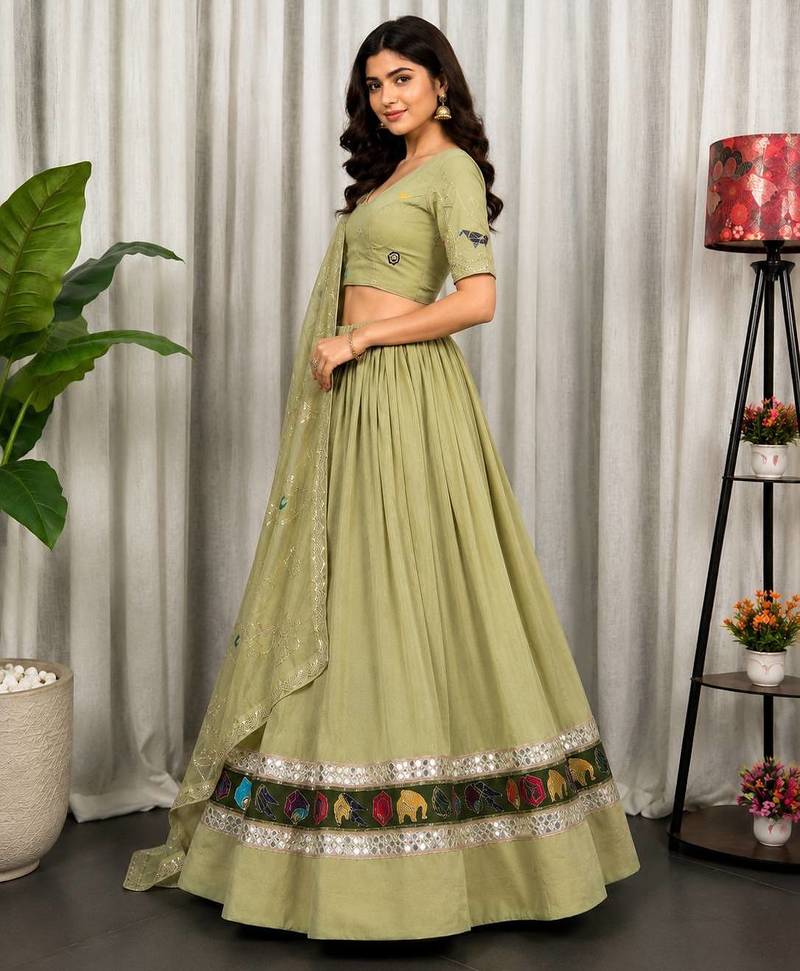 Sage Green Navratri Lehenga Choli with Embroidered Dupatta - Full stitched free size