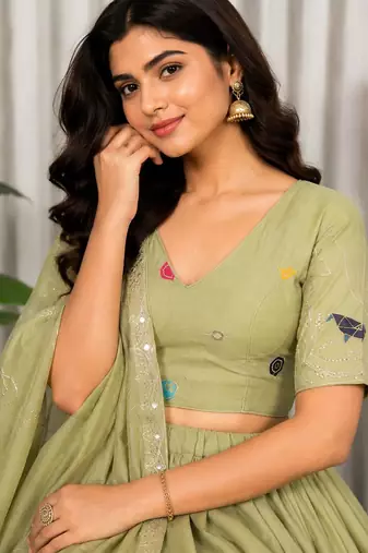 Sage Green Navratri Lehenga Choli with Embroidered Dupatta - Full stitched free size