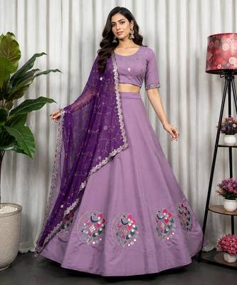 Lavender Purple Embroidered Navratri Lehenga Choli with Royal Purple Dupatta - Full stitched free size 1