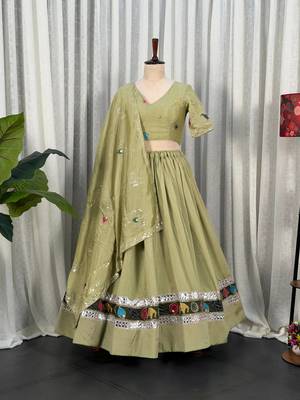 Sage Green Navratri Lehenga Choli with Embroidered Dupatta - Full stitched free size 4