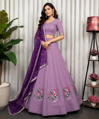 Lavender Purple Embroidered Navratri Lehenga Choli with Royal Purple Dupatta - Full stitched free size 2