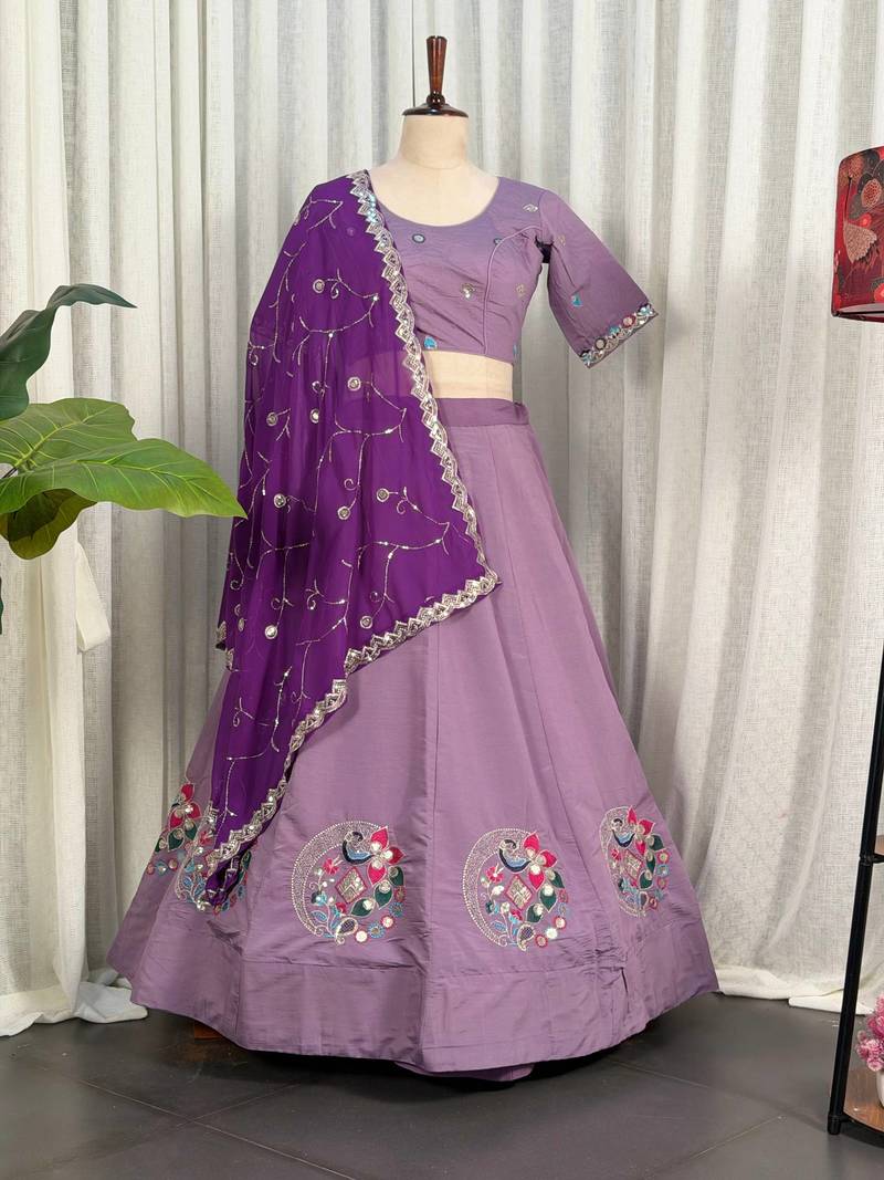 Lavender Purple Embroidered Navratri Lehenga Choli with Royal Purple Dupatta - Full stitched free size