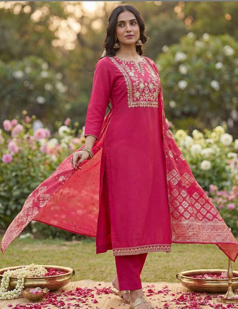 Women Ethnic Motifs Embroidered Regular Kurta with Trousers & With Dupatta