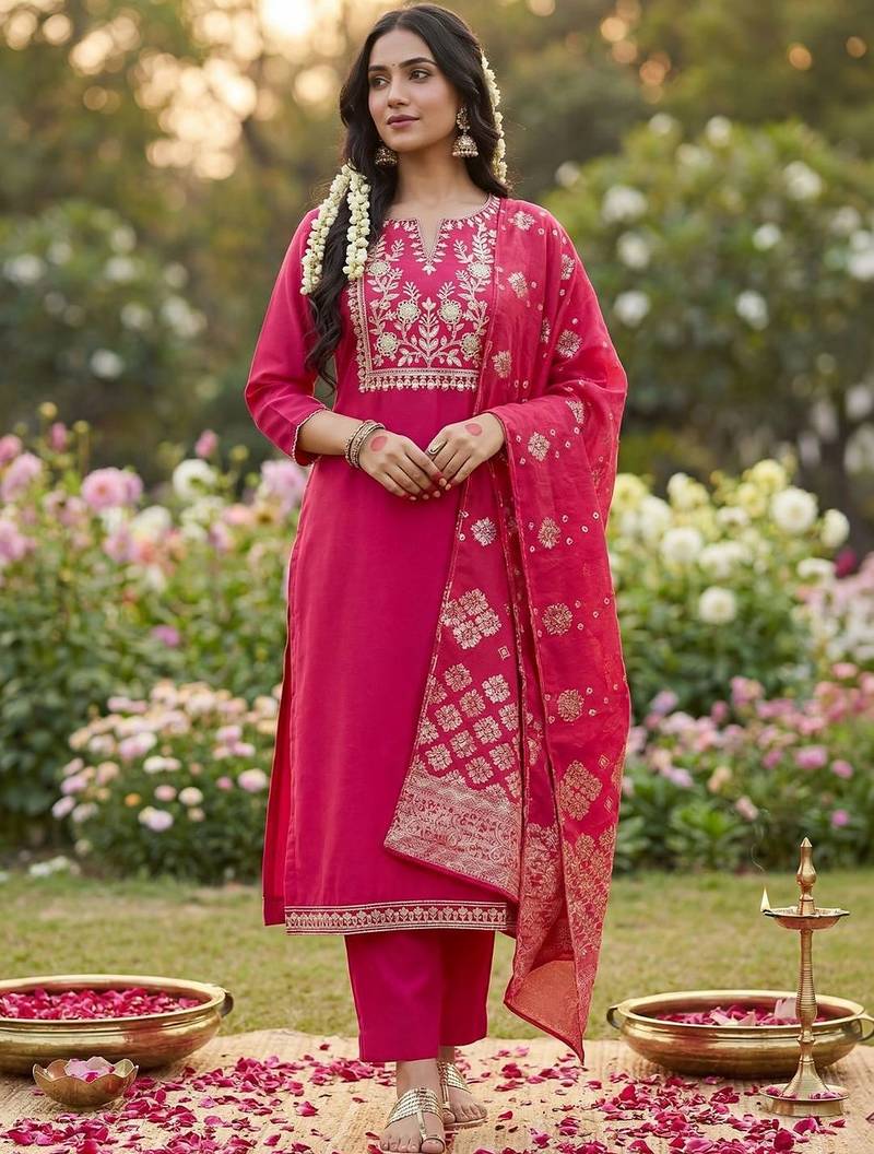 Women Ethnic Motifs Embroidered Regular Kurta with Trousers & With Dupatta