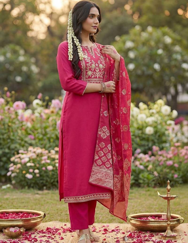 Women Ethnic Motifs Embroidered Regular Kurta with Trousers & With Dupatta