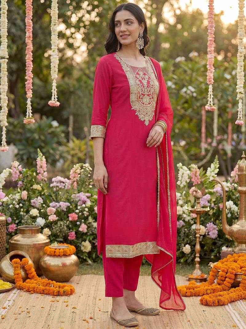 Women Ethnic Motifs Printed Regular Kurta with Trousers & With Dupatta