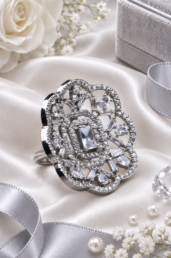 Rhodium finish cz stone adjustable ring