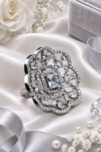 Rhodium finish cz stone adjustable ring