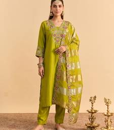 Women's Beautiful Embroidery Work Silk Blend Fabric Straight Kurta Pant and Dupatta Set