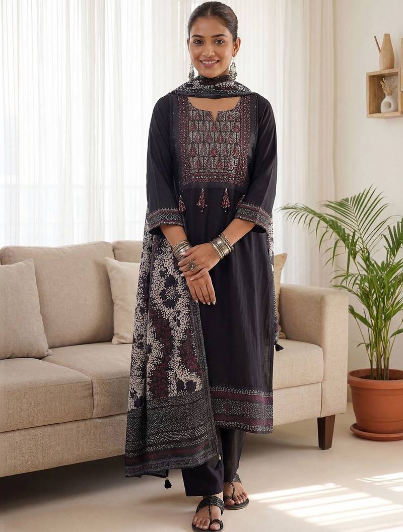 Women Ethnic Motifs Embroidered Regular Thread Work Kurta with Trousers & With Dupatta