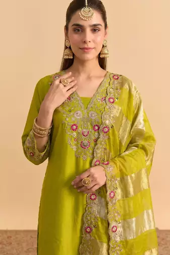Women's Beautiful Embroidery Work Silk Blend Fabric Straight Kurta Pant and Dupatta Set