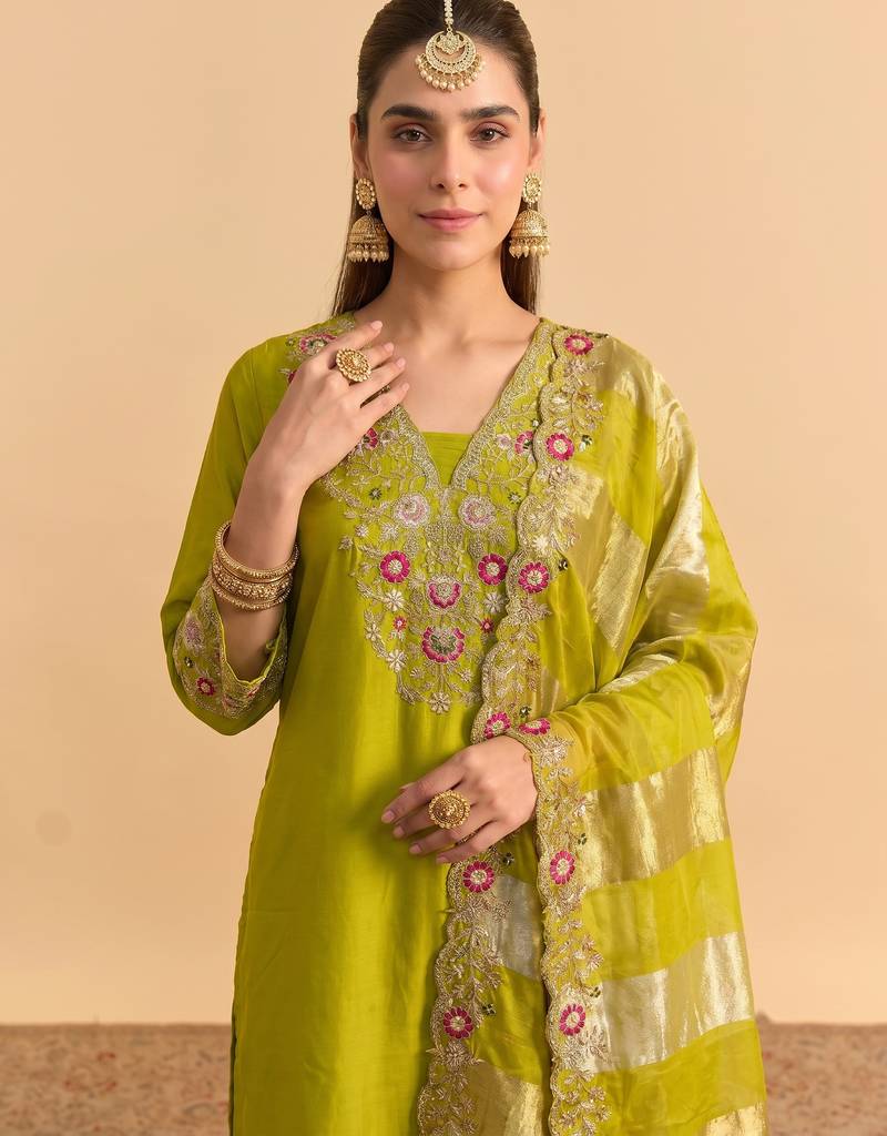 Women's Beautiful Embroidery Work Silk Blend Fabric Straight Kurta Pant and Dupatta Set