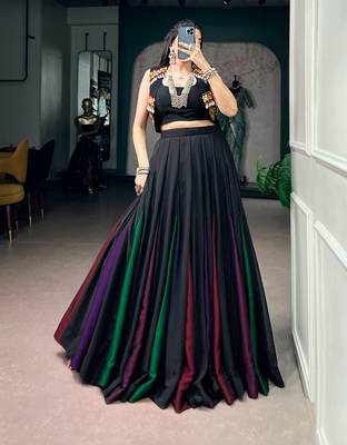 Women's Georgette Black free size Navratri Lehenga with Stitched Blouse and Koti Set 1