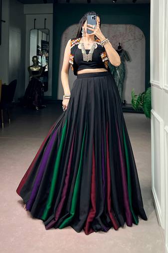 Women's Georgette Black free size Navratri Lehenga with Stitched Blouse and Koti Set