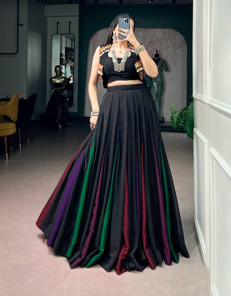 Women's Georgette Black free size Navratri Lehenga with Stitched Blouse and Koti Set