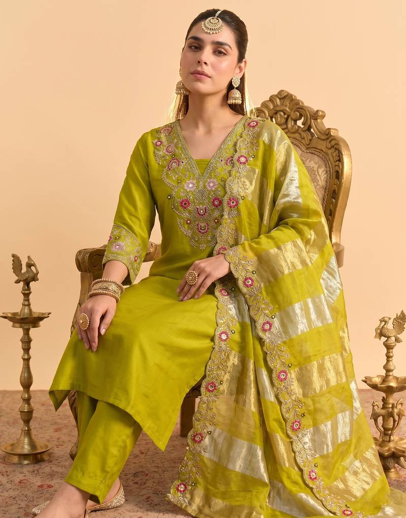 Women's Beautiful Embroidery Work Silk Blend Fabric Straight Kurta Pant and Dupatta Set