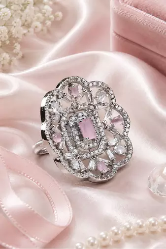 Rhodium finish pink cz stone adjustable ring