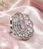 Rhodium finish pink cz stone adjustable ring