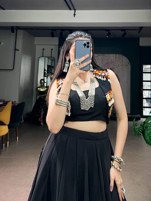 Women's Georgette Black free size Navratri Lehenga with Stitched Blouse and Koti Set 2