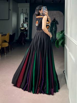 Women's Georgette Black free size Navratri Lehenga with Stitched Blouse and Koti Set 3