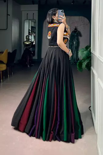 Women's Georgette Black free size Navratri Lehenga with Stitched Blouse and Koti Set