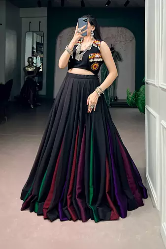 Women's Georgette Black free size Navratri Lehenga with Stitched Blouse and Koti Set