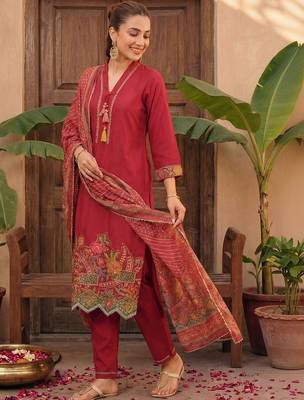 Women Ethnic Motifs Printed Regular Thread Work Kurta with Trousers & With Dupatta 3